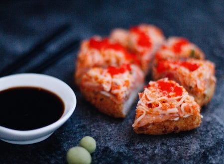 Sushi Pizza Authentik, chopsticks, soy sauce and wasabi