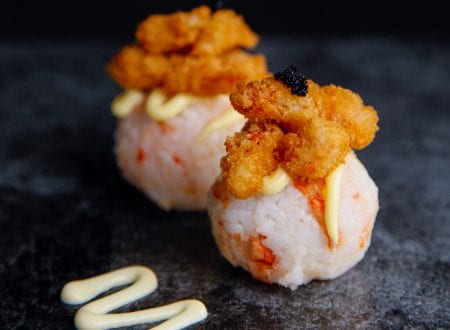 Crispy Lobster Temari sushi 2 pcs, zig zag sauce on dark grey table