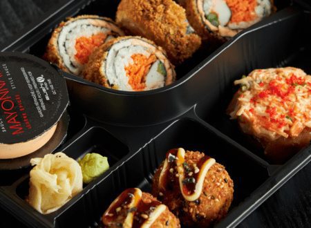 Sushi pizza with light spiced mayo, sumomaki and teriaki bomb