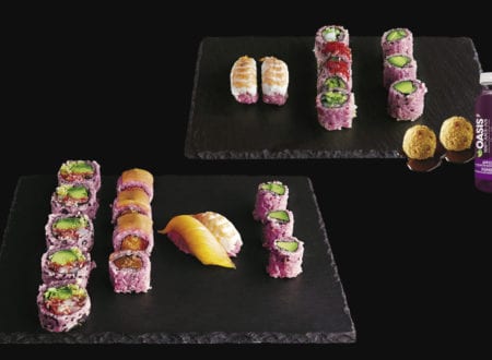 Variety of sushi with pink rice